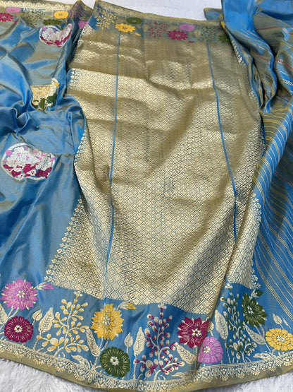 Cornflower Blue Pure Ektara Silk Handwoven Banarasi Saree