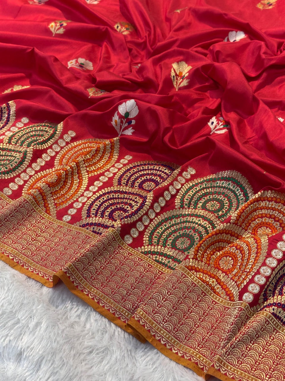Rani Red Pure Katan Silk Handwoven Banarasi Saree With Minakari Border
