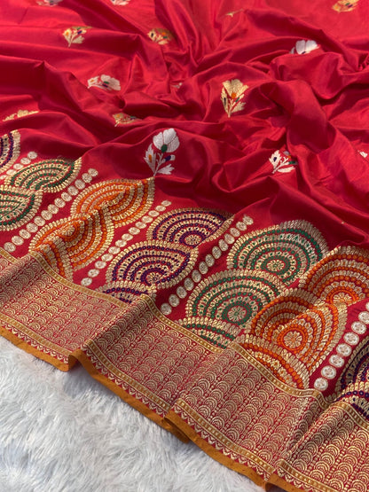 Rani Red Pure Katan Silk Handwoven Banarasi Saree With Minakari Border
