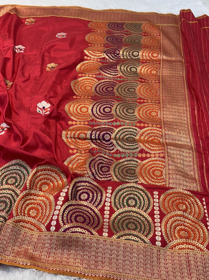 Rani Red Pure Katan Silk Handwoven Banarasi Saree With Minakari Border
