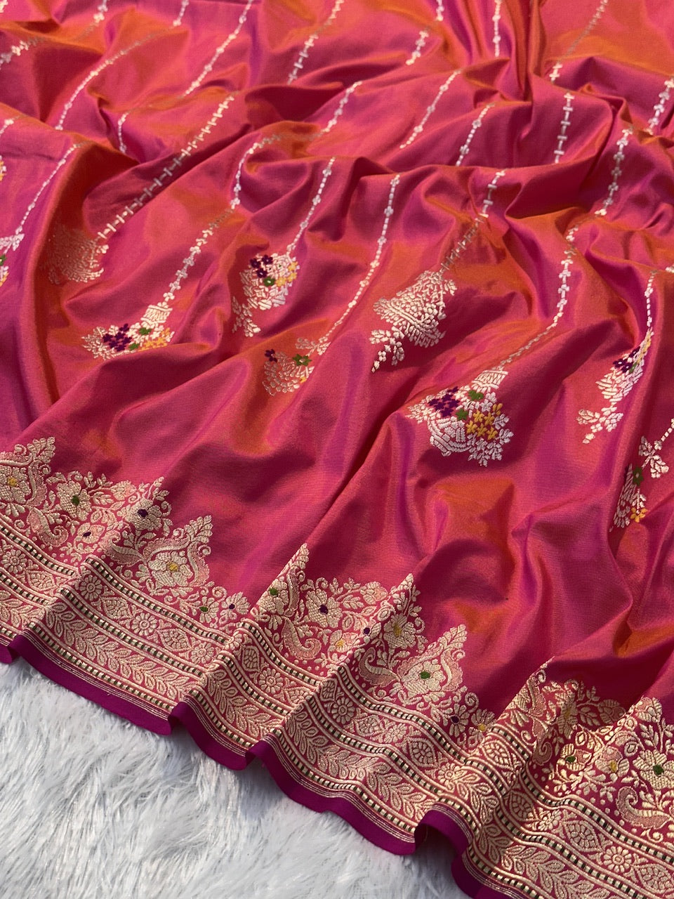 Orange Pink Shade Pure Katan Silk Handwoven Banarasi Saree