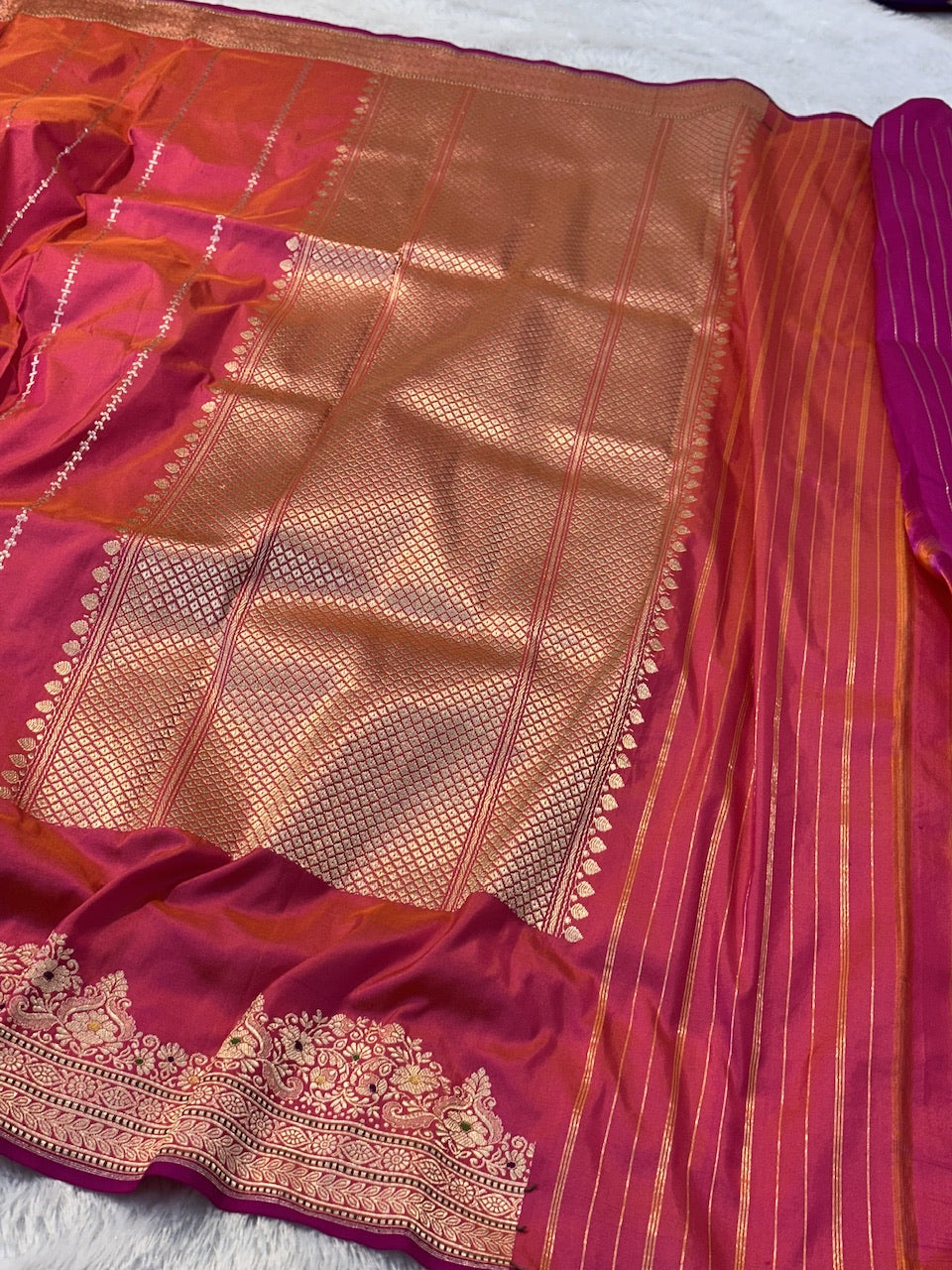 Orange Pink Shade Pure Katan Silk Handwoven Banarasi Saree