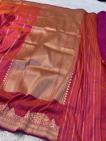 Orange Pink Shade Pure Katan Silk Handwoven Banarasi Saree