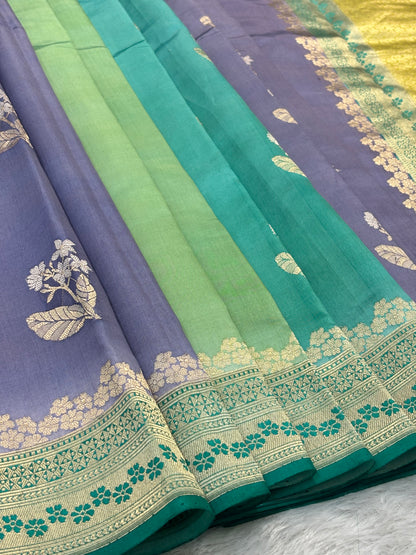 Multi Color Pure Katan Silk Flower Boota Handwoven Banarasi Saree