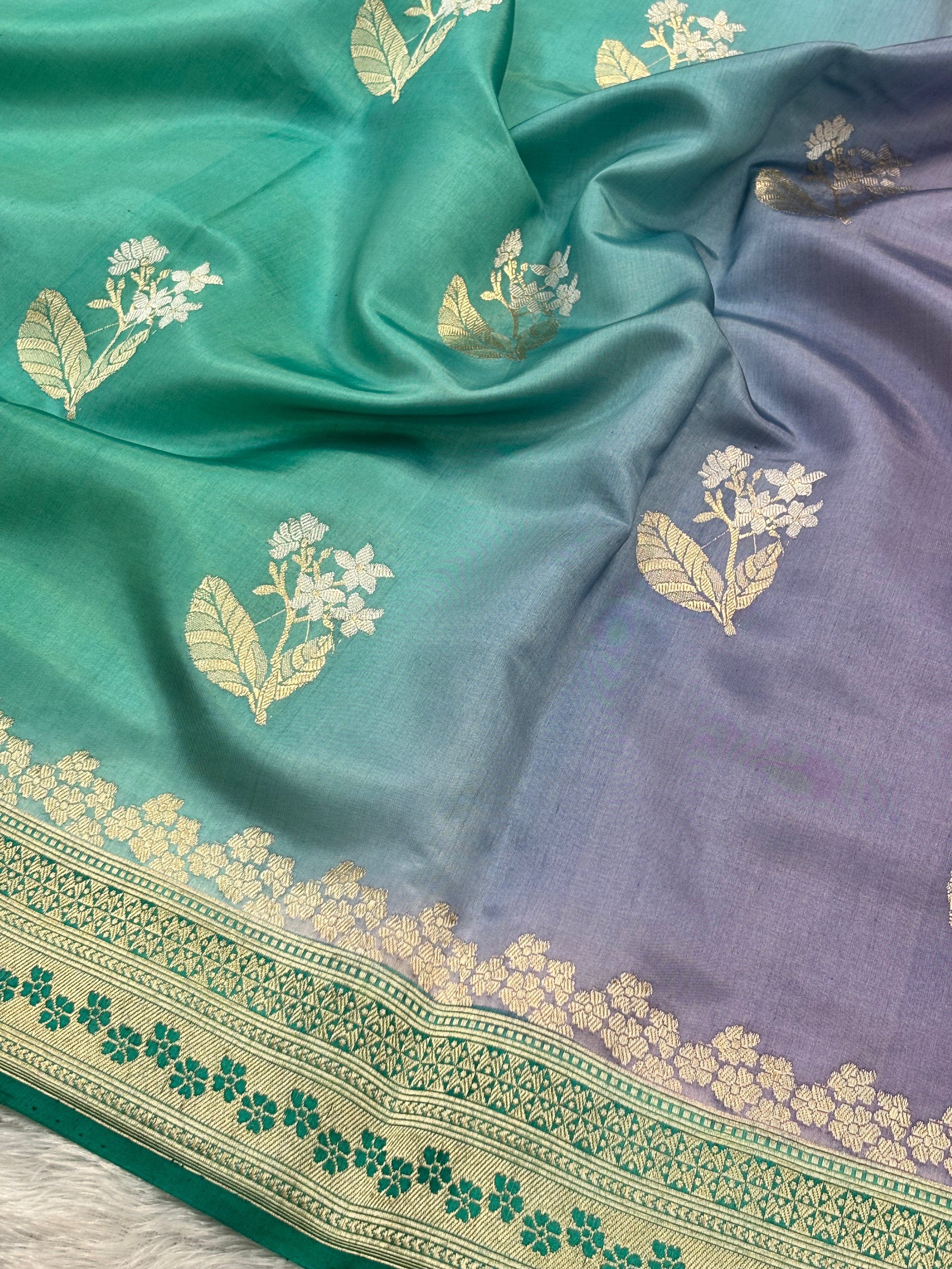Multi Color Pure Katan Silk Flower Boota Handwoven Banarasi Saree