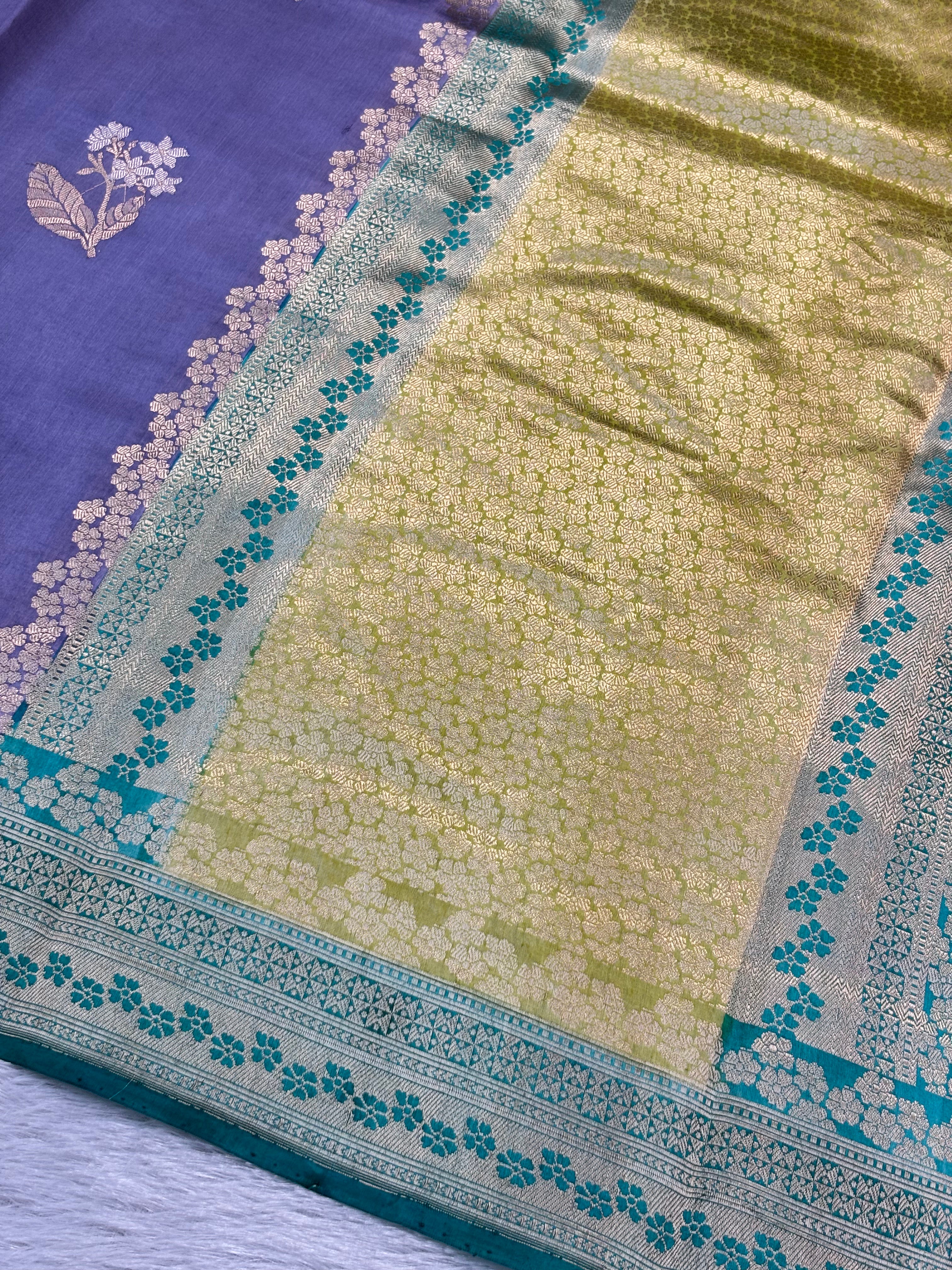 Multi Color Pure Katan Silk Flower Boota Handwoven Banarasi Saree