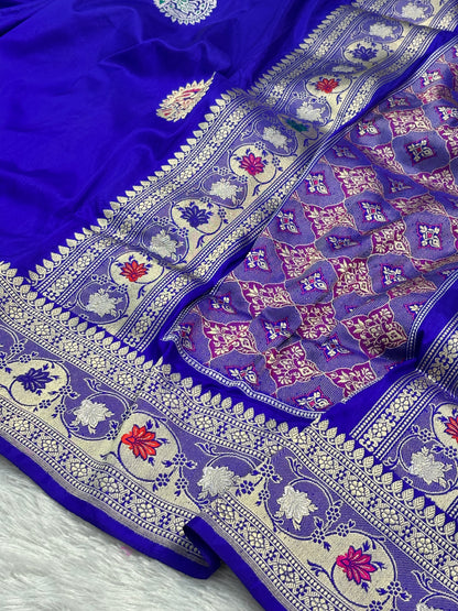 Royal Blue Pure Katan Silk with Minakari Bootas Handwoven Banarasi Saree