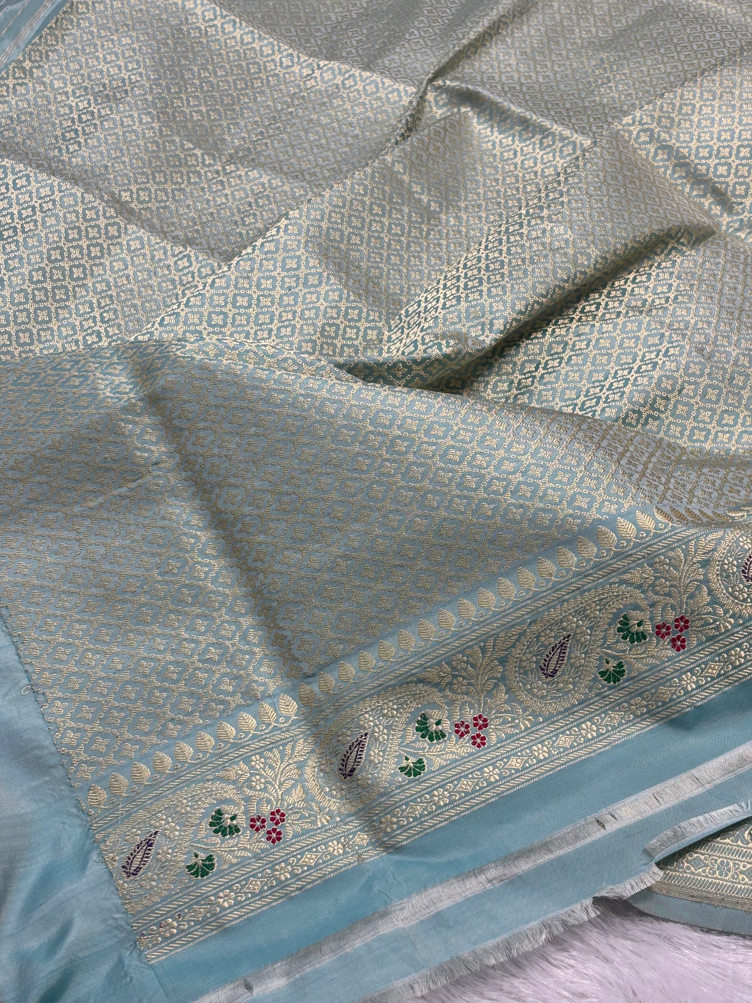 Light Teal Pure Katan Silk with traditional Minakari Handwoven Banarasi Saree