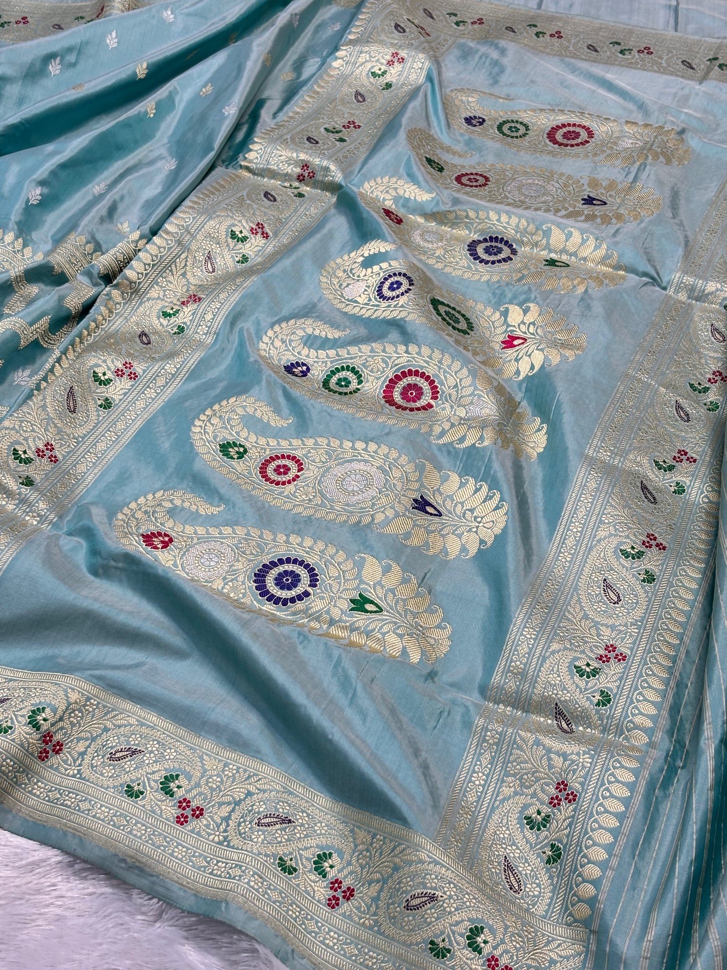 Light Teal Pure Katan Silk with traditional Minakari Handwoven Banarasi Saree