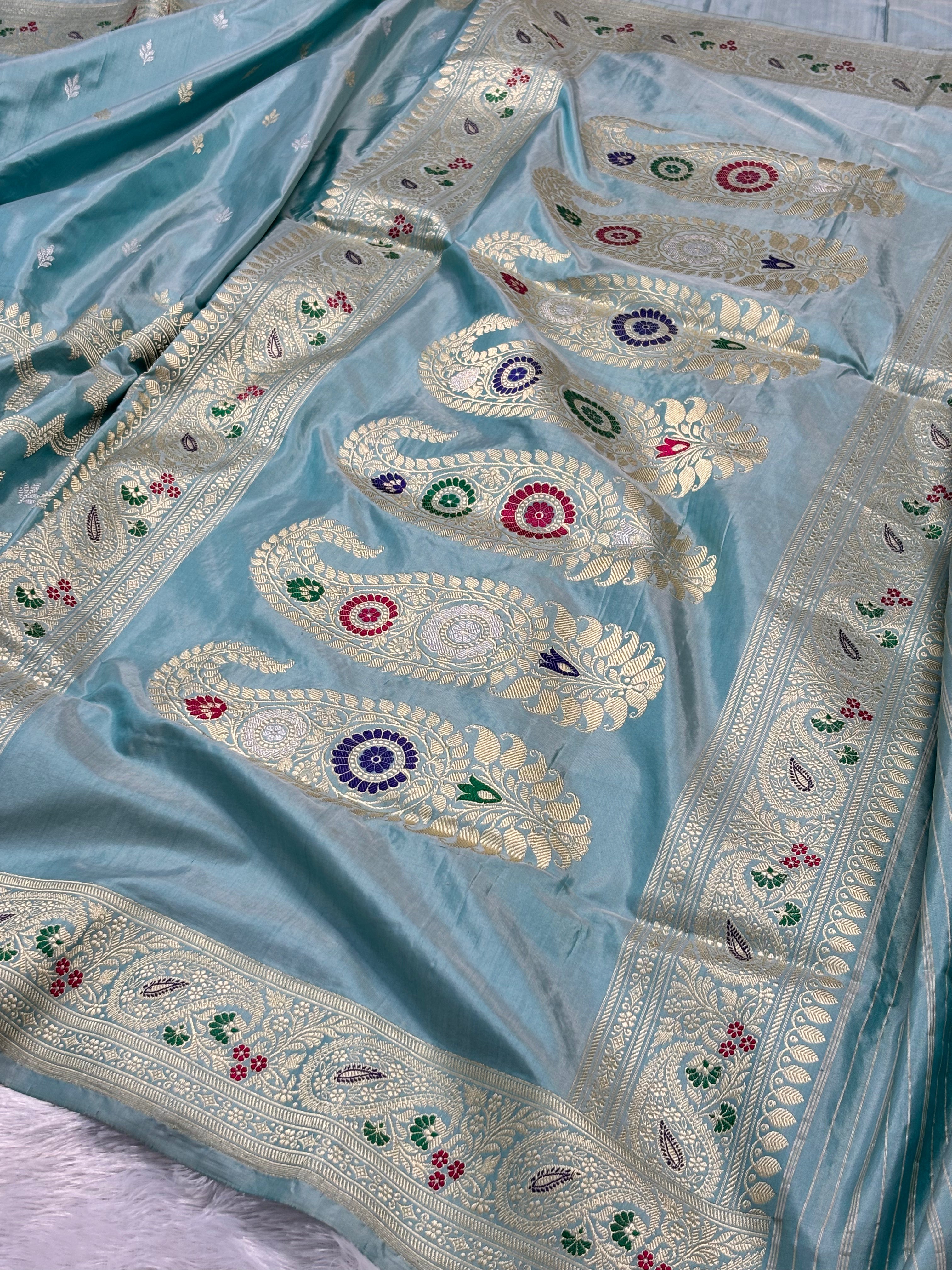 Light Teal Pure Katan Silk with traditional Minakari Handwoven Banarasi Saree