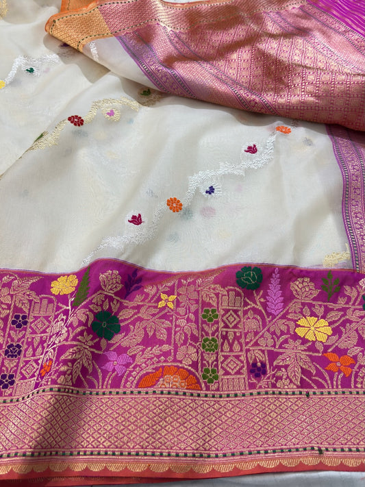 Ivory Kora Organza Ektara Handwoven Banarasi Pure Silk Saree