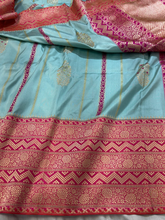Sea Blue Pure Handwoven Banarasi Katan Silk Saree (Ektara)