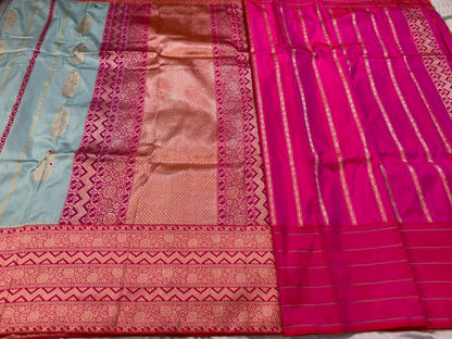 Sea Blue Pure Handwoven Banarasi Katan Silk Saree (Ektara)