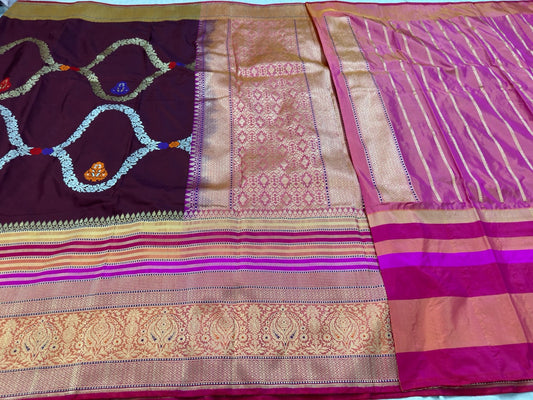 Wine Ektara Handwoven Banarasi Pure Silk Saree