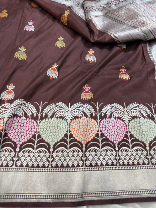 Dark Brown Pure Handwoven Banarasi Katan Silk Saree