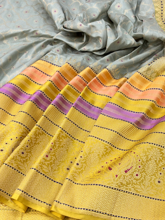 Sky Blue Pure Handwoven Ektara katan Silk Banarasi Saree