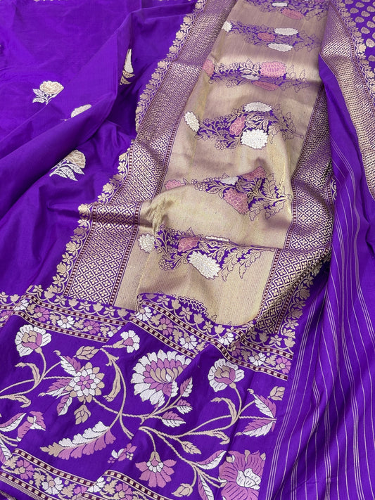 Purple Handwoven Pure Ektara katan Silk Banarasi Saree