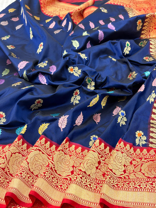 Navy Blue Handwoven Pure Katan Silk Banarasi Saree
