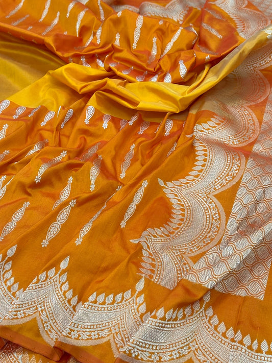 Mustard Pure Handwoven katan Silk Banarasi Saree
