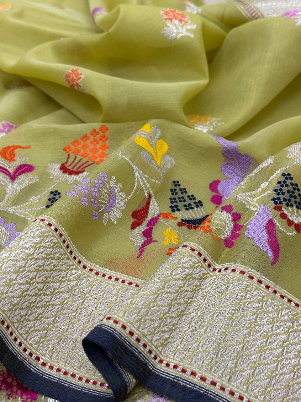 Lime Green Pure Organza Handwoven Banarasi Saree