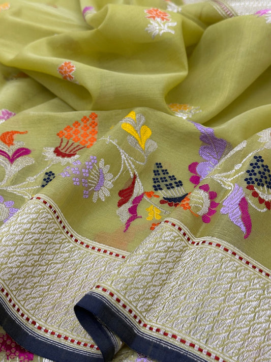 Lime Green Pure Organza Handwoven Banarasi Saree