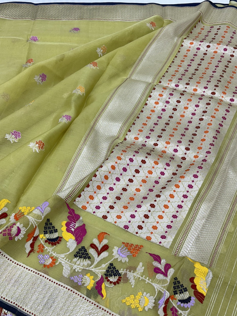 Lime Green Pure Organza Handwoven Banarasi Saree