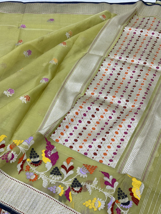Lime Green Pure Organza Handwoven Banarasi Saree