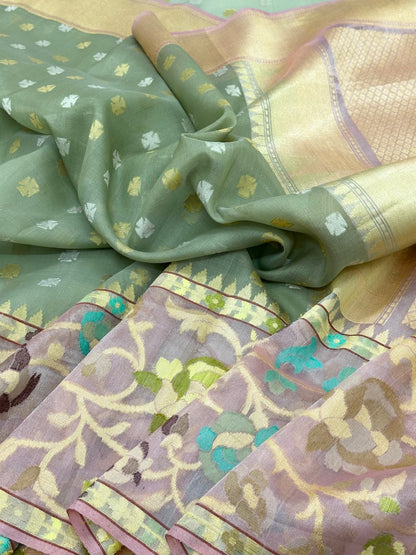 Pista Green Kora Pure Organza Handwoven Banarasi Saree