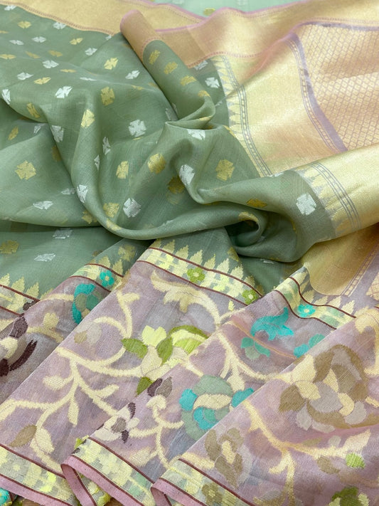 Pista Green Kora Pure Organza Handwoven Banarasi Saree