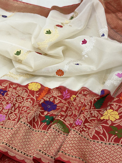 Off-White Kora Organza Ektara Handwoven Banarasi Pure Silk Saree