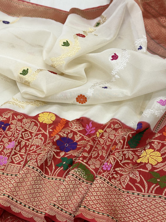 Off-White Kora Organza Ektara Handwoven Banarasi Pure Silk Saree