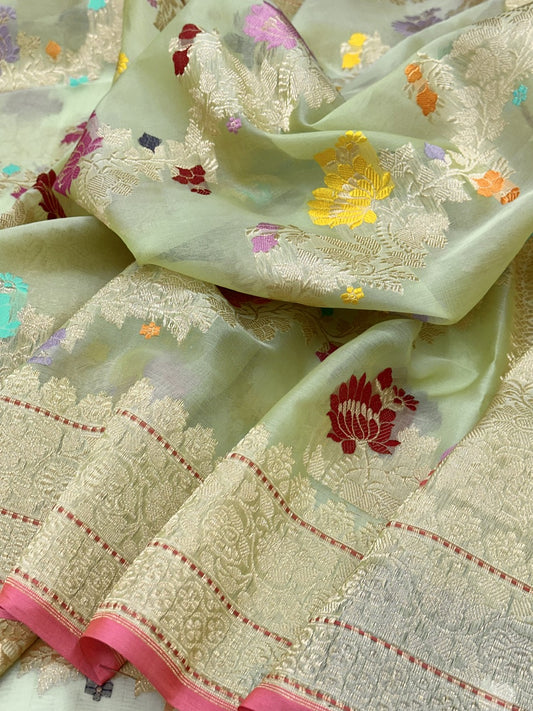 Pista Green Pure Organza Handwoven Banarasi Saree