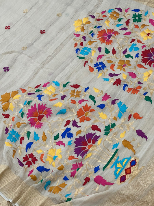 Off White Pure Handwoven Tussar Georgette  Banarasi Saree