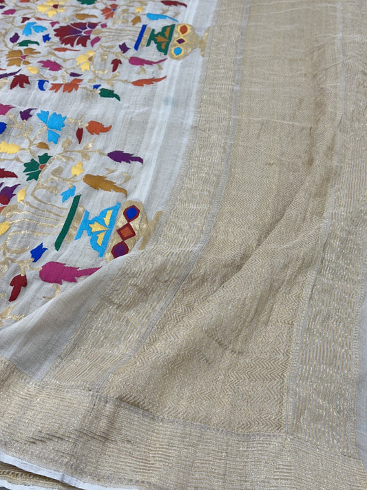 Off White Pure Handwoven Tussar Georgette  Banarasi Saree