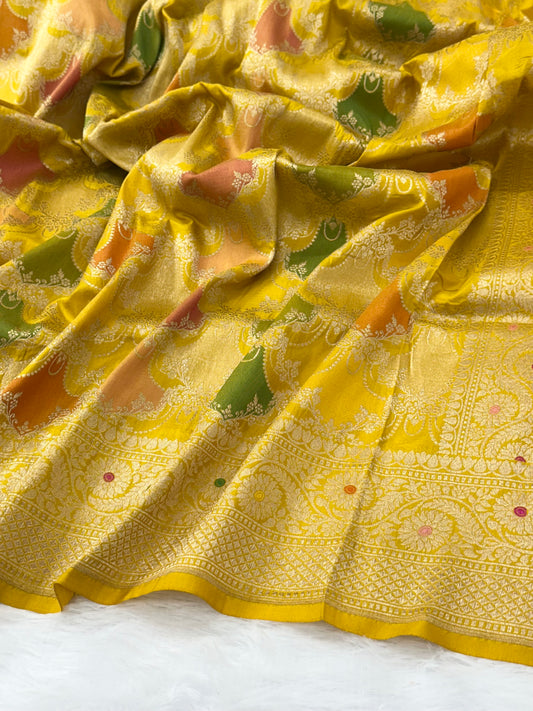 Mustard Yellow Rangkaat Pure Katan Silk Banarasi Saree