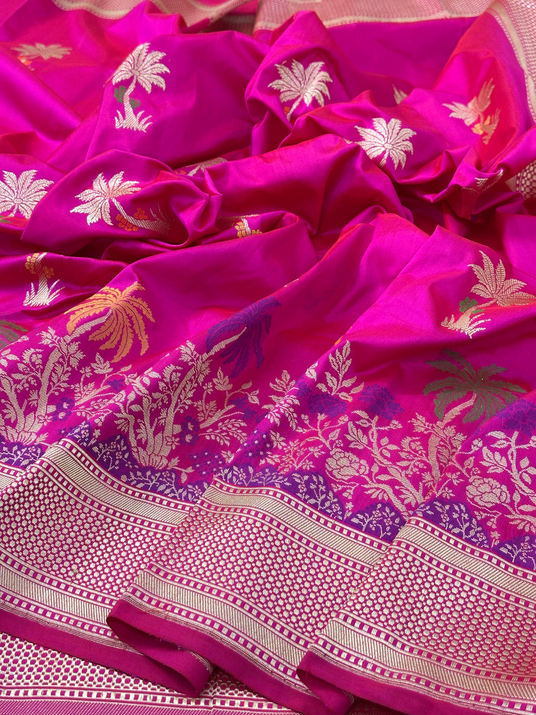 Rani Pink Handwoven Pure Ektara katan Silk Banarasi Saree