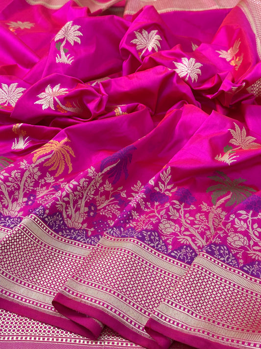 Rani Pink Handwoven Pure Ektara katan Silk Banarasi Saree