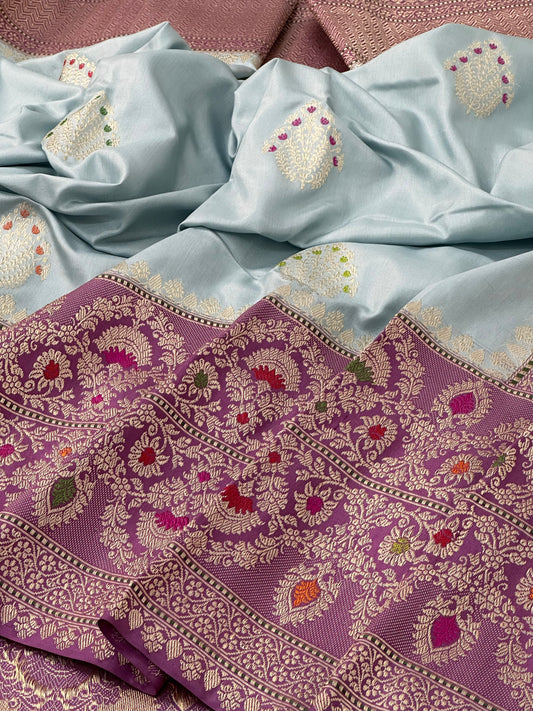 Powder Blue Handwoven Banarasi Ektara katan Silk Kadiyal Saree