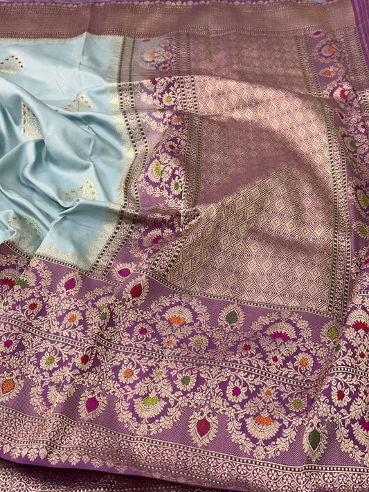Powder Blue Handwoven Banarasi Ektara katan Silk Kadiyal Saree