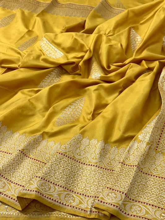 Mustard Handwoven Pure Ektara katan Silk Banarasi Saree
