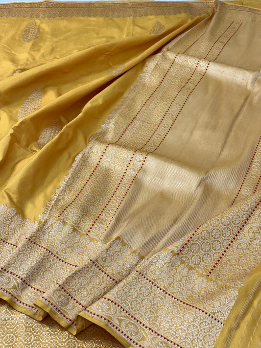 Mustard Handwoven Pure Ektara katan Silk Banarasi Saree