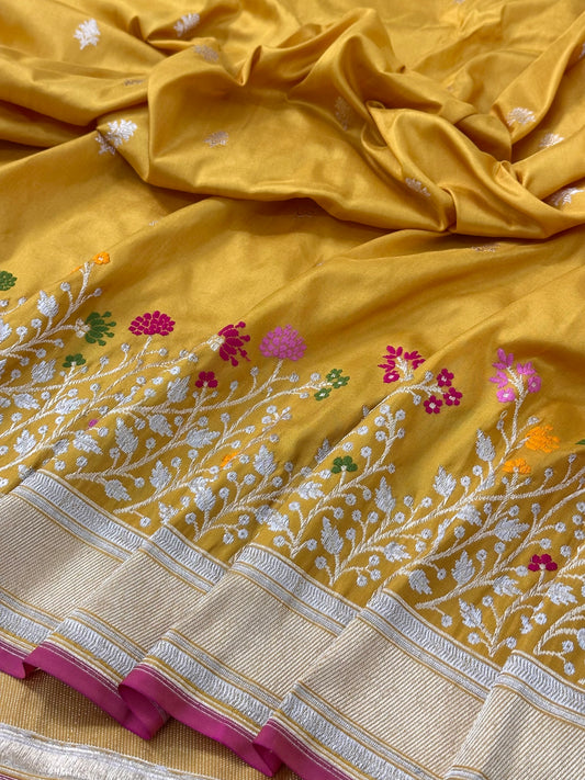 Mustard Handwoven Pure katan Silk Banarasi Saree