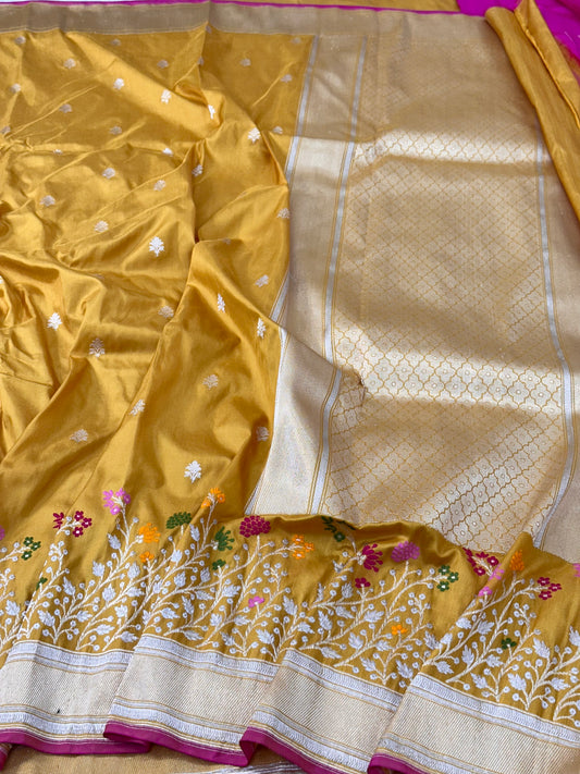 Mustard Handwoven Pure katan Silk Banarasi Saree