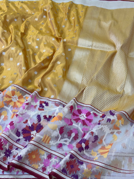 Mustard Handwoven Pure katan Silk Banarasi Saree
