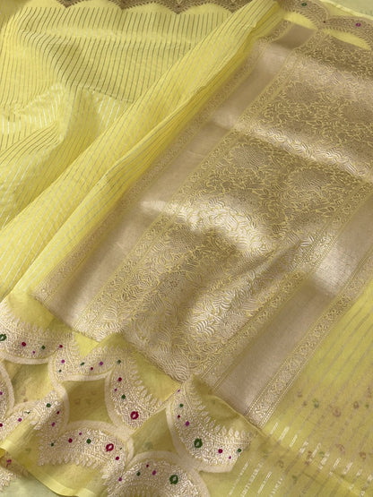 Pine Yellow Pure Handwoven Banarasi Organza Saree