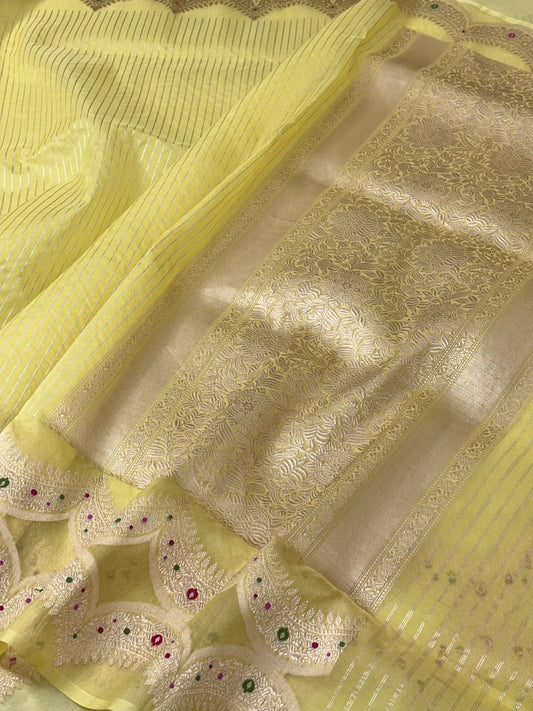 Pine Yellow Pure Handwoven Banarasi Organza Saree