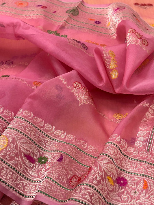 Taffy Pink Pure Handwoven Banarasi Organza Saree