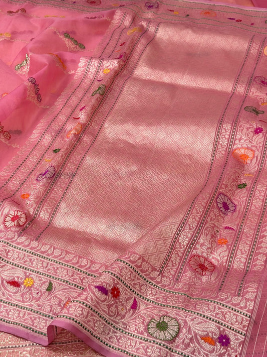 Taffy Pink Pure Handwoven Banarasi Organza Saree