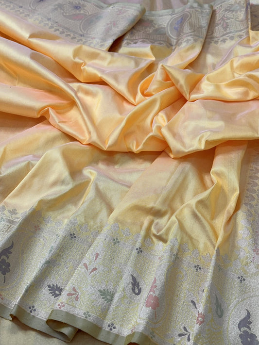 Light Yellow Pure Handwoven Banarasi Katan Silk Saree