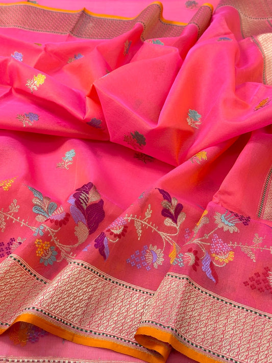 Shocking Pink Pure Organza Handwoven Banarasi Saree